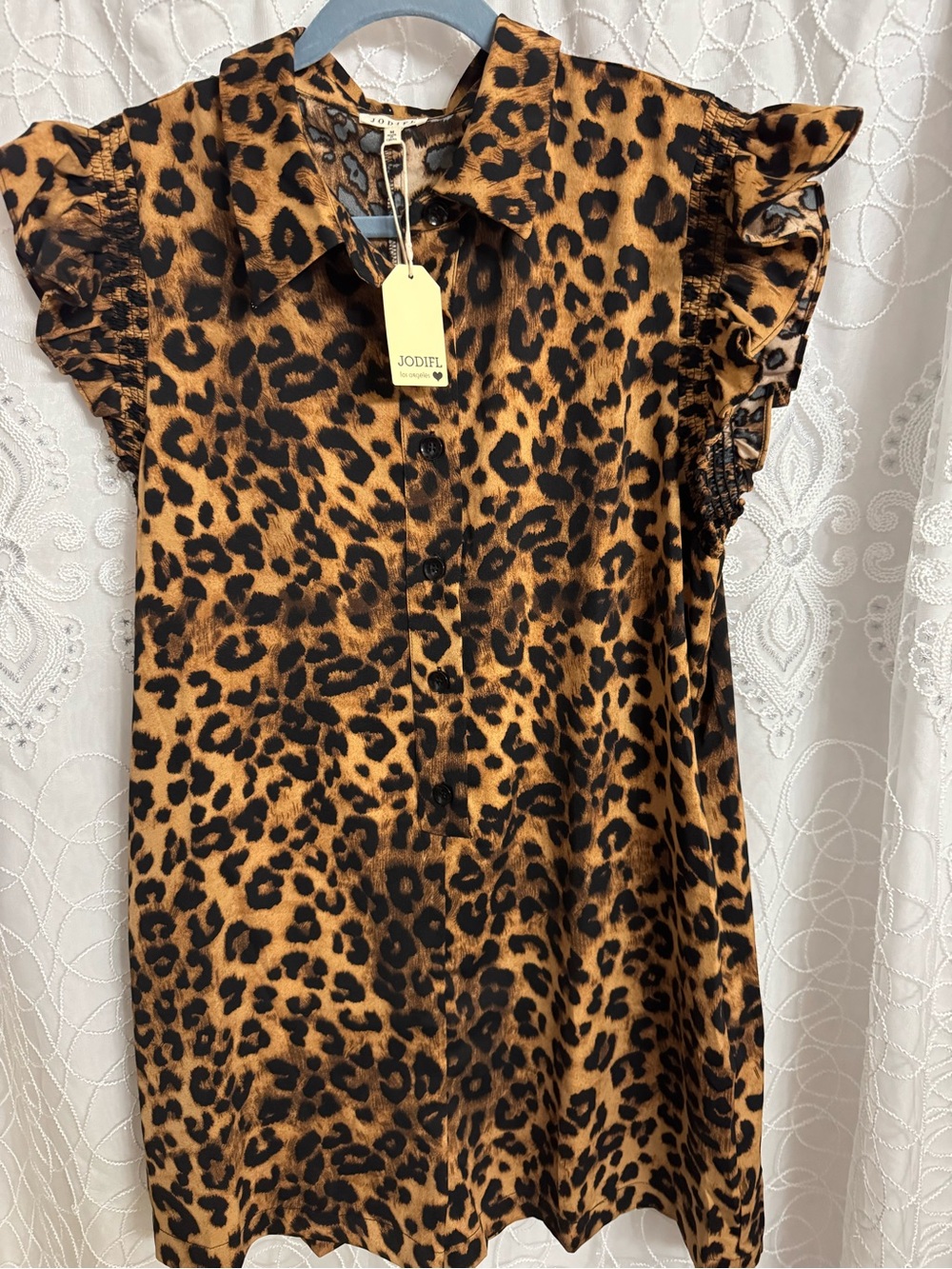 JODIFL Leopard Print Ruffle Sleeve Button-Down Romper- Brown & Black